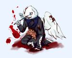  avian blood blue_eyes gore intestines knife open_mouth owl white_feathers wings 
