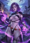  1girl adapted_costume belt bird black_cape blondynkitezgraja breasts bridal_gauntlets cape city colored_skin crow dc_comics english_commentary forehead_jewel full_moon grey_skin highleg highleg_panties highres large_breasts magic moon navel outdoors panties parted_lips purple_eyes purple_hair purple_lips raven_(dc) revealing_clothes short_hair sideboob solo teen_titans thighhighs thighs underwear 