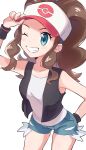  1girl baseball_cap black_wristband blue_eyes blue_shorts brown_hair commentary_request hat highres hilda_(pokemon) leaning_forward long_hair one_eye_closed poke_ball_print pokemon pokemon_bw print_headwear sarada_(supersarada_zin) shirt short_shorts shorts simple_background smile solo standing teeth white_background white_hat white_shirt 