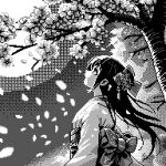  1girl bow cherry_blossoms cherry_tree commentary falling_petals from_side greyscale hair_ornament japanese_clothes kimono long_hair looking_up monochrome moon obi original outdoors petals pixel_art profile sash solo tree under_tree upper_body viino_hamu86 