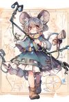  1girl animal_ear_fluff animal_ears ankle_boots boots bright_pupils brown_footwear capelet closed_mouth compass_rose crystal dowsing_rod dress full_body grey_capelet grey_dress grey_hair highres holding holding_with_tail long_sleeves looking_at_viewer mame_komari map_background medium_hair mouse mouse_ears mouse_tail nazrin prehensile_tail red_eyes redrawn scroll signature smile solo standing tail touhou twitter_username white_pupils 