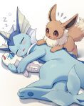  blue_skin brown_eyes brown_fur character_name closed_eyes colored_skin commentary_request drooling eevee fins forked_tail head_fins highres kaminokefusa lying no_humans on_side open_mouth pokemon pokemon_(creature) simple_background sleeping stuffed_toy tail vaporeon white_background wishiwashi 