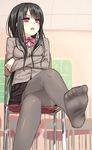  black_hair chair crossed_arms crossed_legs feet long_hair no_shoes original pantyhose peragura red_eyes school_uniform sitting solo 