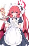 1girl alternate_costume apron black_dress blue_archive blush dress enmaided fang food frilled_apron frills hair_between_eyes halo highres holding holding_tray junko_(blue_archive) long_hair maid maid_apron maid_headdress open_mouth parfait pointy_ears red_eyes red_hair red_halo sateto_(user_knrf2332) skin_fang solo tray twintails white_apron wrist_cuffs 