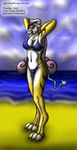  anthro arms_behind_head beach bikini breasts claws cloud english_text erect_nipples female fur hair legendary_pok&#233;mon legendary_pok&eacute;mon long_hair looking_at_viewer nintendo nipples outside pink_hair pok&#233;mon pok&eacute;mon raikou raye_(snowfyre) sand sea seaside sky snowfyre solo standing swimsuit text toe_claws video_games water white_fur yellow_fur 
