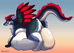 blauehexe dragon feathers fluffy fluffy_hips fluffy_tail hexentatze hi_res horn male mythological_creature mythological_scalie mythology pawpads predator/prey prints red_eyes red_wings scalie smile smirk solo spots tail vore wings