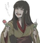  1girl bad_id bad_twitter_id black_hair blunt_bangs blunt_ends commentary dango final_fantasy final_fantasy_xiv food food_on_face glaa_da green_eyes green_kimono holding holding_food hyur japanese_clothes kimono long_hair mole mole_under_mouth obi open_mouth sanshoku_dango sash simple_background smile solo straight_hair translated upper_body wagashi white_background yotsuyu_goe_brutus 