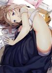  1girl :p back bare_arms bare_back bare_shoulders bed bed_sheet blue_eyes bra brown_hair indoors kamizaki_hibana long_hair looking_at_viewer on_bed open_bra original panties shade solo tongue tongue_out underwear undressing unworn_clothes white_bra 