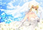  ahoge artoria_pendragon_(all) bare_shoulders blonde_hair blue_background bow breasts bridal_veil choker cleavage dress elbow_gloves fate/stay_night fate_(series) flower gloves green_eyes hachini looking_at_viewer medium_breasts saber solo veil wedding_dress 