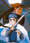  2girls ainu ainu_clothes arisaka asirpa back-to-back big_nose black_hair blue_eyes bolt_action braid braided_ponytail fighting_stance full_moon golden_kamuy gun highres holding holding_knife knife long_hair long_sleeves looking_at_viewer looking_back moon multiple_girls night night_sky old old_woman open_mouth pemcb rifle sky sofia_(golden_kamuy) weapon wrinkled_skin 