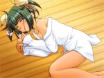  1girl azami_cricket blush brown_ribbon bun_cover closed_eyes dark-skinned_female dark_skin feet_out_of_frame indoors long_sleeves lying on_floor on_side re-so ribbon shirt short_hair sleeping solo toushin_toshi_iii white_shirt wooden_floor 