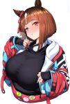  1girl absurdres animal_ears badge black_shirt blush breasts brown_hair button_badge ear_ribbon highres horse_ears horse_girl jacket large_breasts long_sleeves looking_at_viewer open_mouth red_eyes red_jacket sekai_saisoku_no_panda shirt short_hair solo transcend_(umamusume) umamusume 