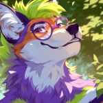 1:1 anthro bust_portrait canid corzh77 eyewear fangs fur glasses green_body green_fur green_hair hair hi_res inner_ear_fluff male mammal multicolored_body multicolored_fur orange_body orange_fur portrait purple_body purple_ears purple_eyes purple_eyewear purple_fur purple_glasses round_glasses smile solo teeth tuft wearing_glasses white_body white_fur white_inner_ear_fluff