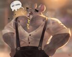 2024 anthro black_eyes black_nose bodily_fluids cheesemaster_(cookie_run) clothing cookie_run dialogue english_text grey_body hi_res huzzhuz male mammal murid murine muscular muscular_male nipples pecs rat rodent shirt solo sweat text topwear