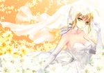  ahoge artoria_pendragon_(all) bare_shoulders blonde_hair bow breasts bridal_veil choker cleavage dress elbow_gloves fate/stay_night fate_(series) flower gloves green_eyes hachini looking_at_viewer medium_breasts orange_background saber solo veil wedding_dress 