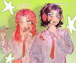  2girls bad_source black_hair black_nails character_name collared_shirt commentary derivative_work dirty dirty_clothes dirty_face food food_in_mouth green_background hand_up headphones holding_own_hair jewelry kininatteru_hito_ga_otoko_ja_nakatta koga_mitsuki long_hair mole mole_under_eye multiple_girls myu0610 necktie one_eye_closed oosawa_aya orange_eyes orange_hair parted_bangs popsicle popsicle_in_mouth purple_eyes red_necktie ring screentones shirt short_hair signature stained_clothes star_(symbol) thumb_to_mouth upper_body white_shirt 
