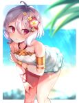  1girl antenna_hair arm_under_breasts armlet bare_shoulders beach blurry blurry_background blurry_foreground blush border bracelet breasts day ebihara_beniko feet_out_of_frame flower flower_ornament frilled_one-piece_swimsuit frills gold_bracelet gold_trim hair_between_eyes hair_flower hair_ornament hand_on_own_leg highres jewelry kokkoro_(princess_connect!) leaning_forward light_rays looking_to_the_side ocean one-piece_swimsuit outside_border parted_lips plant pointy_ears princess_connect! raised_eyebrows red_eyes short_hair small_breasts solo standing sunlight swimsuit white_hair white_one-piece_swimsuit 