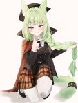  1girl animal_ears arknights black_footwear black_jacket black_necktie blazer blush braid braided_ponytail cape cat_ears cat_girl cat_tail collared_cape collared_shirt commentary green_eyes green_hair harmonie_(arknights) harmonie_(invitation)_(arknights) highres holding_own_hair jacket licking_lips long_hair long_sleeves looking_at_viewer necktie nishimiya_aki official_alternate_costume pantyhose plaid plaid_skirt pleated_skirt red_cape shirt shoes skirt solo tail tongue tongue_out white_hair white_pantyhose 