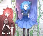  aoi_(pixiv2498037) armor artist_name blue_eyes blue_hair bow cape chain commentary_request curtains dress food food_in_mouth gloves hair_ornament looking_at_another mahou_shoujo_madoka_magica miki_sayaka multiple_girls pantyhose plant pocky red_eyes red_hair sakura_kyouko skirt smile sword thighhighs vines weapon window zettai_ryouiki 