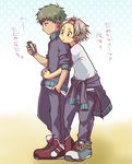  2boys belt blush boots brown_eyes child green_hair grey_hair male male_focus multiple_boys oginy pants shirt short_hair simple_background standing t-shirt translation_request 