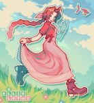  1girl aerith_gainsborough aircraft airship blue_eyes blue_flower blue_sky boots bracelet braid brown_footwear brown_hair clothes_grab cloud cloudy_sky commentary cropped_jacket day dress ellie_lotus english_commentary final_fantasy final_fantasy_vii final_fantasy_vii_remake flower from_side full_body grass green_flower hair_ribbon hand_up highres jacket jewelry long_dress long_hair looking_at_viewer one_eye_closed open_clothes open_jacket open_mouth outdoors parted_bangs pink_dress pink_flower pink_ribbon ponytail red_jacket ribbon running short_sleeves sky smile solo waving 