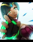  bare_shoulders breasts brown_hair circlet cleavage facial_mark fingerless_gloves gloves karma_(league_of_legends) large_breasts league_of_legends letterboxed oldlim outstretched_arm short_hair solo tears 