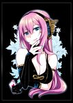  :q bare_shoulders blue_eyes breasts caffein card cleavage elbow_gloves gloves headphones highres large_breasts long_hair megurine_luka pink_hair playing_card solo tongue tongue_out vocaloid 