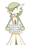  blush bob_cut colored_skin dress english_text gardevoir green_hair hair_over_one_eye highres holding holding_sign looking_to_the_side multicolored_skin pokemon pokemon_(creature) sally_(luna-arts) sign sign_around_neck simple_background sweatdrop turn_pale two-tone_skin white_background white_dress white_skin 