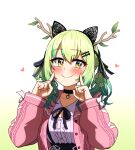  1girl antlers blush breasts brown_eyes ceres_fauna choker closed_mouth ddolbang gradient_hair green_hair hair_ornament hairclip heart heart_choker highres hololive hololive_english horns index_fingers_raised long_sleeves looking_at_viewer medium_breasts mole mole_under_eye multicolored_hair smile solo two-tone_hair virtual_youtuber 