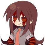  1girl adricarra blood blood_on_face brown_hair collared_shirt funamusea funamusea_(style) grey_shirt hair_between_eyes hands_on_own_hips long_hair looking_to_the_side met_(funamusea) necktie official_style red_arm_warmers red_eyes red_necktie shirt short_sleeves sidelocks simple_background smile solo striped_arm_warmers upper_body white_background 