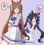  2girls :d :o anger_vein animal_ears blue_ribbon bow bowtie brown_hair cowboy_shot crossed_arms daiwa_scarlet_(umamusume) ear_covers earrings gradient_background hair_between_eyes hair_intakes hair_ribbon hairstyle_connection heart highres horse_ears horse_girl horseshoe_ornament hu-min_(okok6341) jewelry long_hair looking_at_viewer multiple_girls pleated_skirt puffy_short_sleeves puffy_sleeves purple_bow purple_bowtie purple_eyes purple_shirt red_eyes ribbon sailor_collar sailor_shirt school_uniform shirt short_sleeves simple_background single_ear_cover single_earring skirt smile spoken_anger_vein spoken_heart summer_uniform tiara tracen_school_uniform twintails two-tone_background umamusume very_long_hair vivlos_(umamusume) white_skirt 