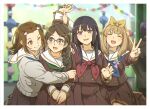  1boy 4girls ^_^ arm_up black_hair blue_neckerchief blurry blurry_background blush border braid brown_eyes brown_hair brown_serafuku brown_shirt brown_skirt cardigan closed_eyes collarbone commentary_request fuyuhino glasses green_neckerchief grey_cardigan group_picture hair_ornament hair_ribbon hairclip hibike!_euphonium hug kabe_tomoe kitauji_high_school_uniform kohinata_yume kousaka_reina long_hair long_sleeves looking_at_viewer medium_hair multiple_girls neckerchief one_eye_closed open_mouth over-rim_eyewear own_hands_together pleated_skirt purple_eyes red_neckerchief ribbon sailor_collar school_uniform semi-rimless_eyewear serafuku shirt short_hair single_braid skirt v white_border white_sailor_collar yellow_ribbon yoshikawa_yuuko 