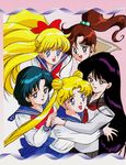  90s aino_minako bishoujo_senshi_sailor_moon black_hair blonde_hair blue_eyes blue_hair blue_sailor_collar bow brown_hair earrings green_eyes hair_bobbles hair_bow hair_ornament half_updo highres hino_rei jewelry juuban_middle_school_uniform kino_makoto kino_makoto's_school_uniform long_hair mizuno_ami multiple_girls official_art ponytail purple_eyes red_bow sailor_collar school_uniform serafuku shiba_koen_middle_school_uniform short_hair smile ta_girls_school_uniform tadano_kazuko tsukino_usagi 