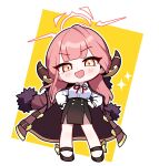  1girl :d aru_(blue_archive) bare_legs black_footwear black_skirt blue_archive blunt_bangs blush bow breasts brown_coat buckle chibi chibi_only coat coat_on_shoulders collared_shirt commentary_request contrapposto demon_horns dot_nose full_body fur-trimmed_coat fur_trim gloves halo hands_on_own_hips head_tilt high-waist_skirt highres horns jorang_(jorang08) large_breasts long_coat long_hair long_sleeves looking_at_viewer neck_ribbon open_clothes open_coat open_mouth outline pink_hair red_halo red_ribbon ribbon shirt shirt_tucked_in side_slit simple_background skirt smile solo star_(symbol) thick_eyelashes v-shaped_eyebrows white_background white_gloves white_outline white_shirt yellow_background yellow_bow yellow_eyes 