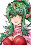  1girl :d breasts cape choker cleavage commentary_request dress fire_emblem fire_emblem_awakening green_eyes green_hair hair_between_eyes long_hair looking_at_viewer moyashi2656 open_mouth pink_cape pointy_ears ponytail red_choker red_dress smile solo tiara tiki_(adult)_(fire_emblem) tiki_(fire_emblem) white_background 