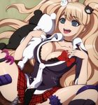  @_@ blonde_hair bra breasts cleavage danganronpa danganronpa_1 drill enoshima_junko hairu highres lace lace-trimmed_bra large_breasts long_hair monokuma nail_polish necktie open_mouth plaid plaid_skirt sex_toy skirt sleeves_rolled_up smile spoilers spread_legs thighs tongue tongue_out underwear 