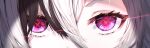  1girl arlecchino_(genshin_impact) black_hair close-up commentary_request eye_focus genshin_impact glowing glowing_eye hair_between_eyes highres looking_at_viewer multicolored_eyes multicolored_hair red_pupils solo streaked_hair symbol-shaped_pupils tsugumiyusa white_hair x-shaped_pupils 