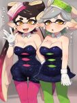  2girls :d :o alternate_breast_size bare_shoulders black_hair blue_dress blue_jumpsuit blush bow-shaped_hair breasts callie_(splatoon) cleavage collar commentary_request cowboy_shot detached_collar dress earrings fangs gloves gradient_hair green_hair green_pantyhose grey_hair half-closed_eyes hand_on_own_hip hand_up hoop_earrings inkling jewelry jumpsuit kinakosuki large_breasts long_hair marie_(splatoon) mole mole_under_eye motion_lines multicolored_hair multiple_girls open_mouth orange_pupils pantyhose pink_hair pink_pantyhose pointy_ears short_hair short_jumpsuit smile splatoon_(series) splatoon_1 standing star-shaped_pupils star_(symbol) strapless strapless_dress suction_cups swept_bangs symbol-shaped_pupils tentacle_hair thick_eyebrows translation_request twintails v-shaped_eyebrows very_long_hair waving white_collar white_gloves yellow_eyes 