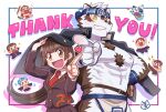  &gt;_&lt; 1boy 1girl arms_up bare_pectorals belt black_belt black_jacket black_skirt blue_headband blush brown_hair chest_harness chibi crossed_arms eyelashes furry furry_male glasses grin hanuman_(housamo) harness headband highres holding holding_staff horkeu_kamui index_finger_raised jacket kicking loincloth long_sleeves motoori_shiro navel necktie nipples open_clothes open_jacket open_mouth pectorals pointing pointing_at_viewer protagonist_2_(housamo) red_necktie sakimori_toji salomon_(housamo) school_uniform skirt smile staff sumi_wo_hakuneko takabushi_kengo thank_you tokyo_afterschool_summoners white_background yakushimaru_ryota yellow_eyes 