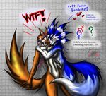  5_fingers anthro black_nose blue_fur blue_hair breasts brown_fur canine english_text farah_(snowfyre) female fur g-sci_(snowfyre) hair horn hug long_hair mammal monster_rancher nude open_mouth pink_hair snowfyre standing text tiger_(monster_rancher) tongue white_fur wolf 