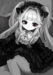  1girl blunt_bangs bow closed_mouth cross dress film_grain frilled_dress frilled_hairband frills gothic_lolita greyscale hair_bow hair_intakes hairband highres latin_cross legs lolita_fashion lolita_hairband long_hair looking_at_viewer monochrome original red_eyes revision shiona_(siona0625) sidelocks sitting solo spot_color two_side_up 
