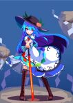  1girl absurdres black_hat blue_background blue_hair blue_skirt boots bow bowtie brodall_pixel brown_footwear center_frills commentary cross-laced_clothes frilled_skirt frills full_body grin hands_on_hilt hat highres hinanawi_tenshi keystone long_hair looking_at_viewer peach_hat_ornament pixel_art rainbow_gradient red_bow red_bowtie red_eyes rope shimenawa short_sleeves sidelocks skirt smile solo standing sword_of_hisou touhou 