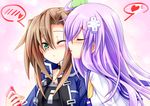  aqua_eyes brown_hair cellphone choujigen_game_neptune_mk2 closed_eyes hair_ornament heart if_(choujigen_game_neptune) jacket kemoyuri lavender_hair long_hair multiple_girls nepgear neptune_(series) one_eye_closed phone school_uniform serafuku upper_body yuri 