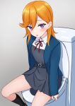  1girl black_socks blue_jacket blush brown_footwear collared_shirt commentary_request dress grey_dress highres jacket kneehighs long_sleeves looking_at_viewer love_live! love_live!_superstar!! medium_hair neck_ribbon on_toilet open_clothes open_jacket orange_hair paid_reward_available parted_lips pinafore_dress purple_eyes red_ribbon ribbon school_uniform shibuya_kanon shirt sikamiya sleeveless sleeveless_dress sleeves_past_wrists socks solo swept_bangs toilet upper_body white_shirt winter_uniform yuigaoka_school_uniform 