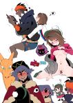  1girl 2boys ? absurdres bar_censor black_hoodie breasts brown_hair cape cardigan censored charizard chibi clothes_lift commentary_request crotch_grab cum dark-skinned_male dark_skin dress dress_lift gloria_(pokemon) green_hat green_socks grey_cardigan hat headband heart highres hood hoodie interracial leon_(pokemon) lifted_by_self multiple_boys multiple_views orange_headband pink_dress pokemon pokemon_(creature) pokemon_swsh pussy raihan_(pokemon) red_cape rotom rotom_phone short_hair shorts socks spoken_heart tam_o&#039;_shanter white_background yuukuroi_(pxmg7872) 