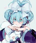 1girl bare_shoulders blue_eyes blue_hair bow cinnamiku cinnamoroll closed_mouth cosplay folded_twintails hair_bow hands_up hatsune_miku hatsune_miku_(cosplay) looking_at_viewer sanrio sapphire_(nine) simple_background smile solo upper_body vocaloid white_background white_bow 