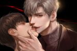  2boys black_background blood blood_from_mouth brown_coat brown_eyes brown_hair closed_eyes coat french_kiss grey_sweater hair_between_eyes highres ilay_riegrow jeong_taeui kiss korean_commentary looking_at_viewer male_focus multiple_boys passion_(manhwa) plyu portrait realistic sweater tongue turtleneck turtleneck_sweater twitter_username white_hair yaoi 