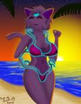 anthro april_swanton beach big_breasts bikini breasts clothing eeveelution espeon eyes_closed eyeshadow female forehead_gem forked_tail fur gem generation_2_pokemon glowing hi_res lipstick makeup navel nintendo palm_tree pink_body pink_clothing pink_fur plant pokemon pokemon_(species) pose psychic_powers scoutthecat02 snapping_fingers solo string_bikini sunset swimwear tail thick_thighs tree undressing_self unusual_anatomy unusual_tail