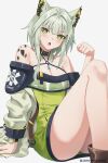  1girl :o animal_ears arknights arm_support bare_shoulders breasts cat_ears cleavage commentary_request criss-cross_halter dress green_dress green_eyes green_hair grey_background hair_intakes halterneck hand_up highres kal&#039;tsit_(arknights) knee_up looking_at_viewer material_growth open_mouth oripathy_lesion_(arknights) seraphim_throne short_dress short_hair simple_background sitting solo thighs 
