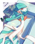  alternate_color bags_under_eyes blue_hair chikichi colored_skin couch dress gardevoir highres looking_at_viewer lying monster_energy multicolored_skin on_couch on_side orange_eyes pokemon pokemon_(creature) saliva shiny_pokemon two-tone_skin white_dress white_skin 